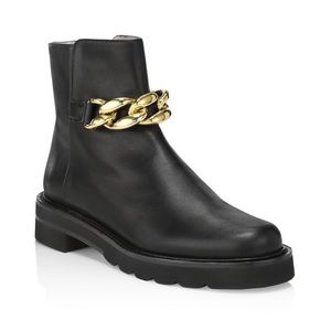 Stuart Weitzman Black Combat Boots with Gold Chain Detail